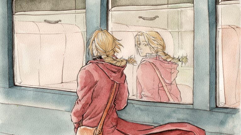Fanart d'Edward Elric (Fullmetal Alchemist) regardant son reflet sur la fenêtre du train.