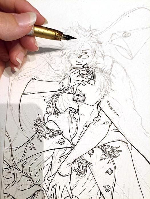 WIP d'un encrage à la plume d'un fanart de l'Atelier des sorciers représentant Kieffrey enlaçant Olugio.