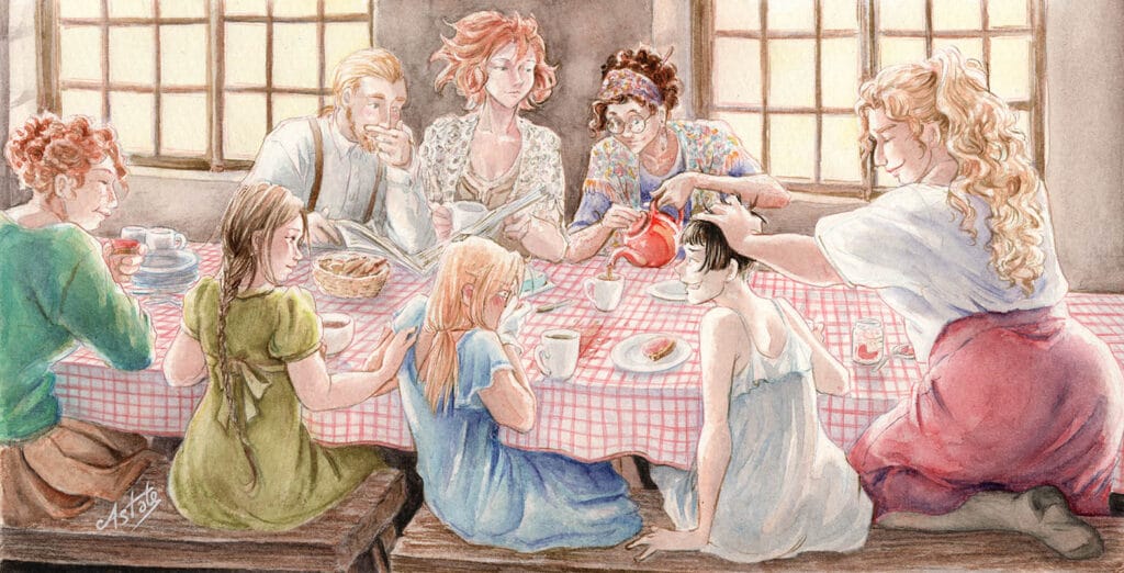 à table ! Illustration à l'aquarelle réalisée par Astate, représentant 8 amis prenant leur petit déjeuner ensemble. Au premier plan, une petite blonde rougit pendant que sa voisine la taquine.