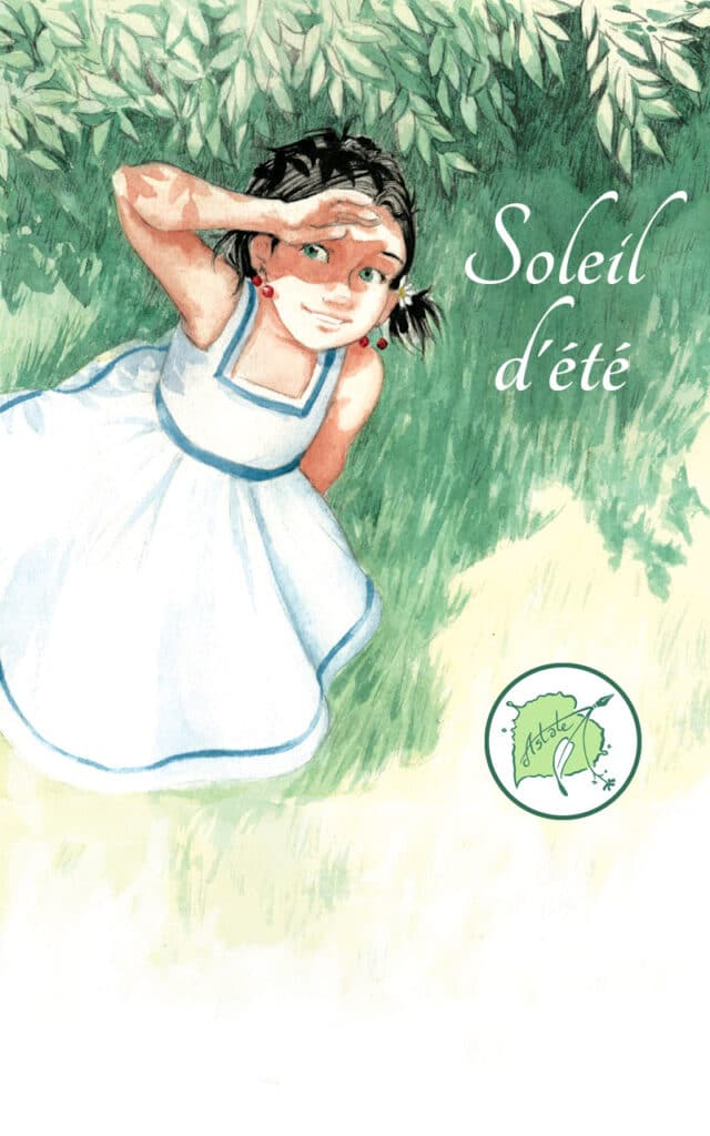 Soleil d'été. Dessin à l'aquarelle d'une fille en plongée qui lève les yeux vers le ciel en souriant et se protège les yeux du soleil avec sa main. Elle porte une robe blanche à rubans bleus et est entourée de verdure.