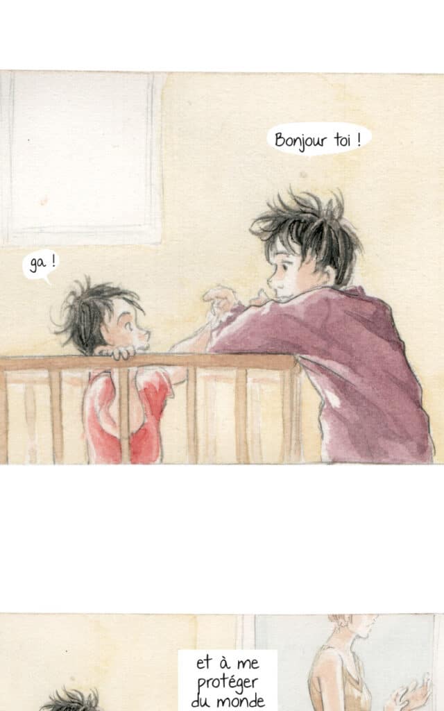 Case de webtoon dessiné à l'aquarelle, représentant un grand frère jouant avec sa sœur bébé.
Texte :
- Bonjour toi !
- ga !
"et à me protéger du monde des adultes"